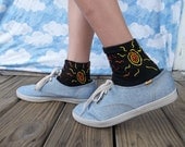 Hand Painted Black Socks for Bigger Feet: Spiral Sun & Rays (teen - women's medium - men's xs-small)