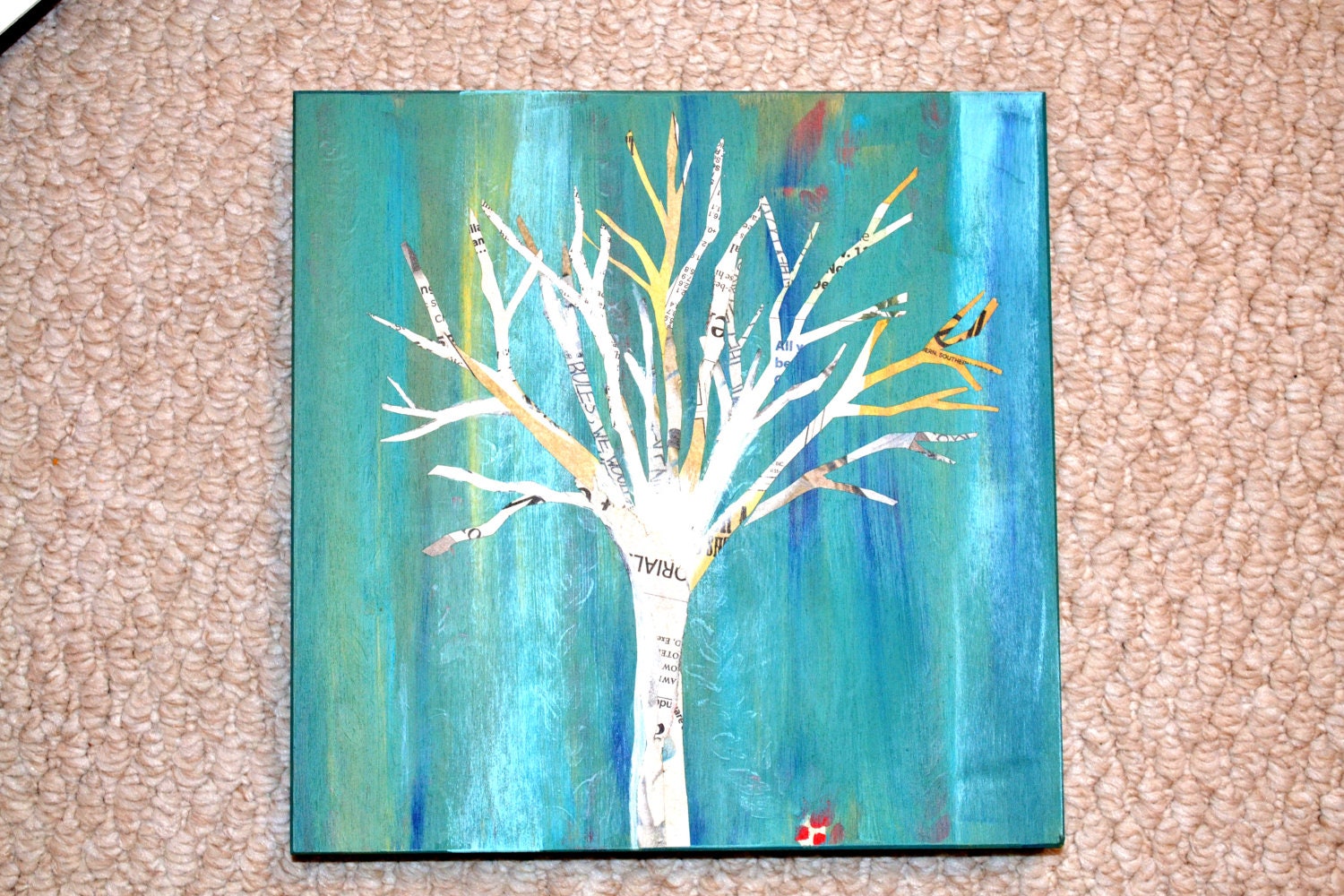 Tree on wood panel wall hanging Mixed Media collage Art