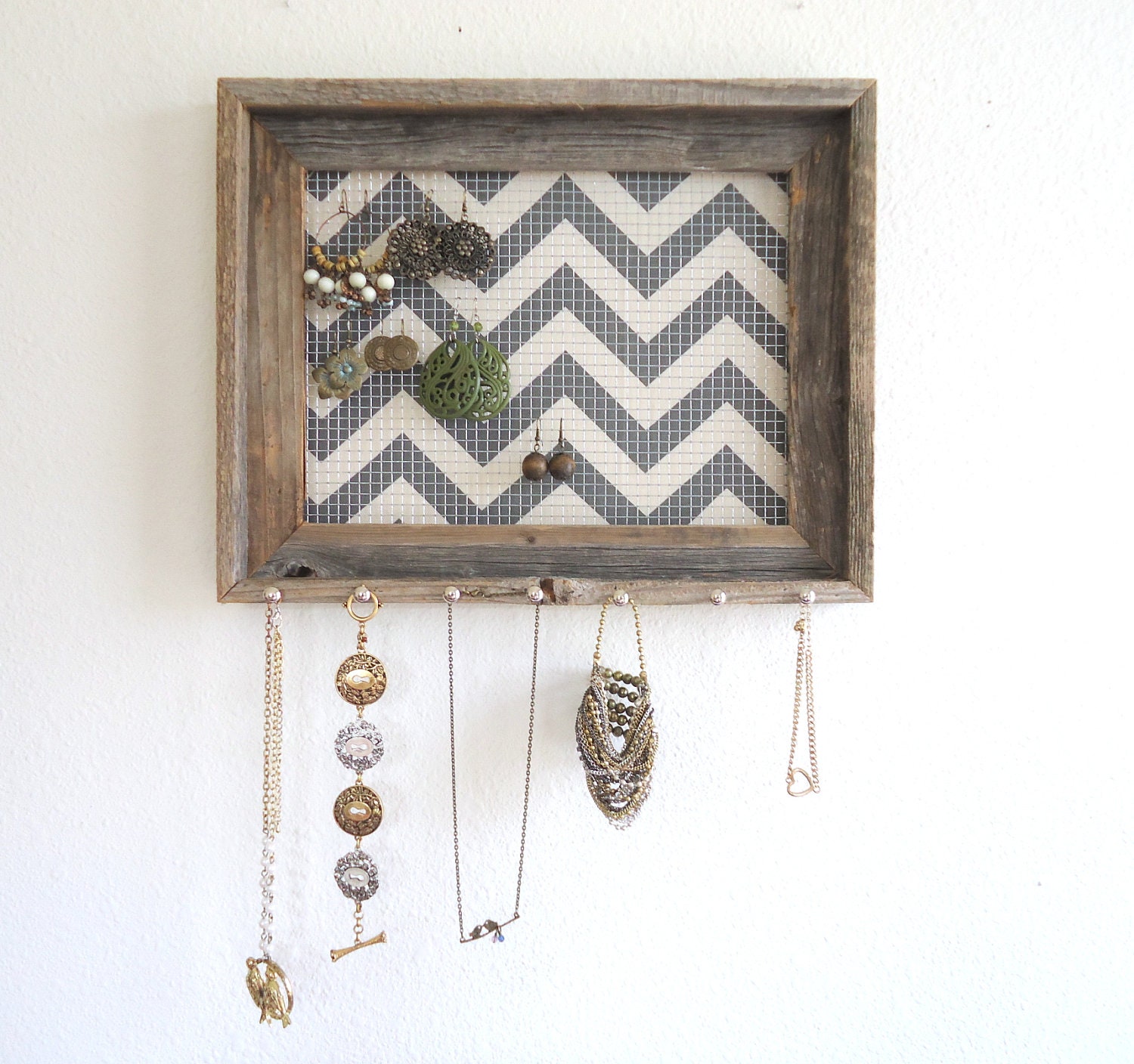 Jewelry Organizer Barnwood Jewelry Holder Grey Chevron Frame Display Silver Hooks