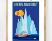 Row Your Boat A4 Print, Nursery Rhyme Quote Poster, Geometric Illustration of Polar Bear in Deep Ocean Blue and Orange