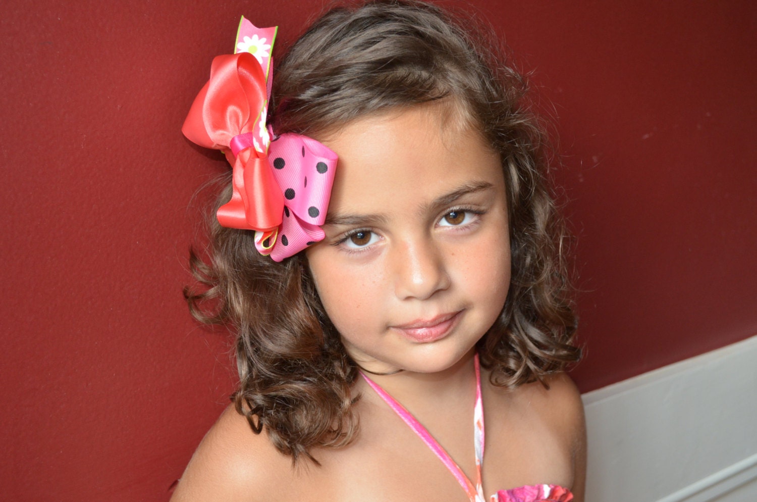 Pink Polka Dot and Flowers Stacked Boutique Hair Bow.