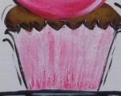 Pink CUPCAKE growth chart personalized fun whimsical pink black white original painting on canvas