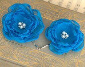 Adonia - Radiant Blue Chiffon Fabric Flower Hair Pins with Pearls on a Silver Bobby Pin