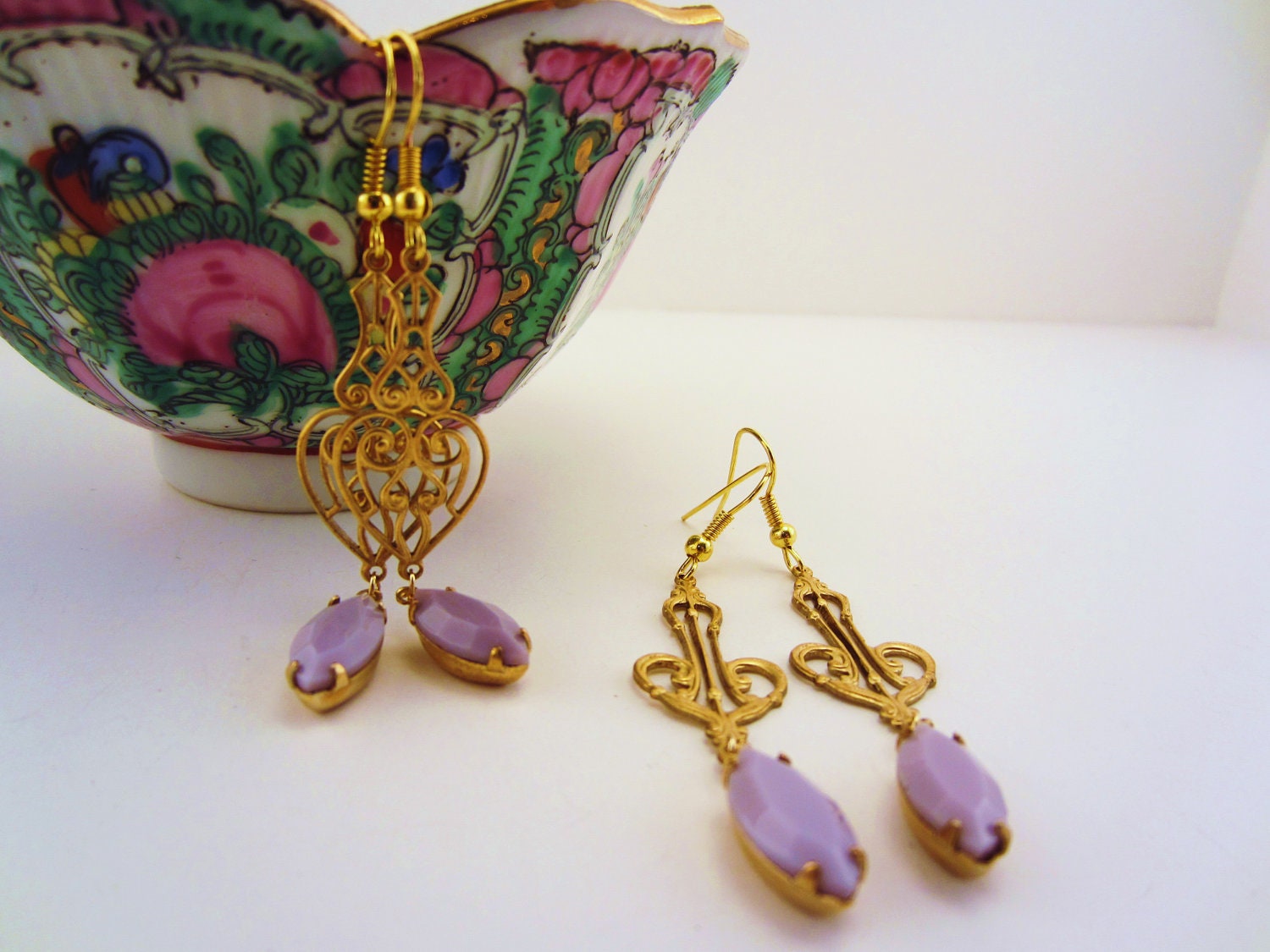 Gold and purple dangle earrings. Milky lavender charms. Intricate filigree brass findings. Perfect bridesmaid gift.