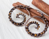 Tiger Eye Earrings, brown earrings, Oxidized Copper Wire Wrap Spiral Hoop Earrings, Tiny Dark Caramel Brown Beads, wirework, artisan jewelry - CookOnStrike