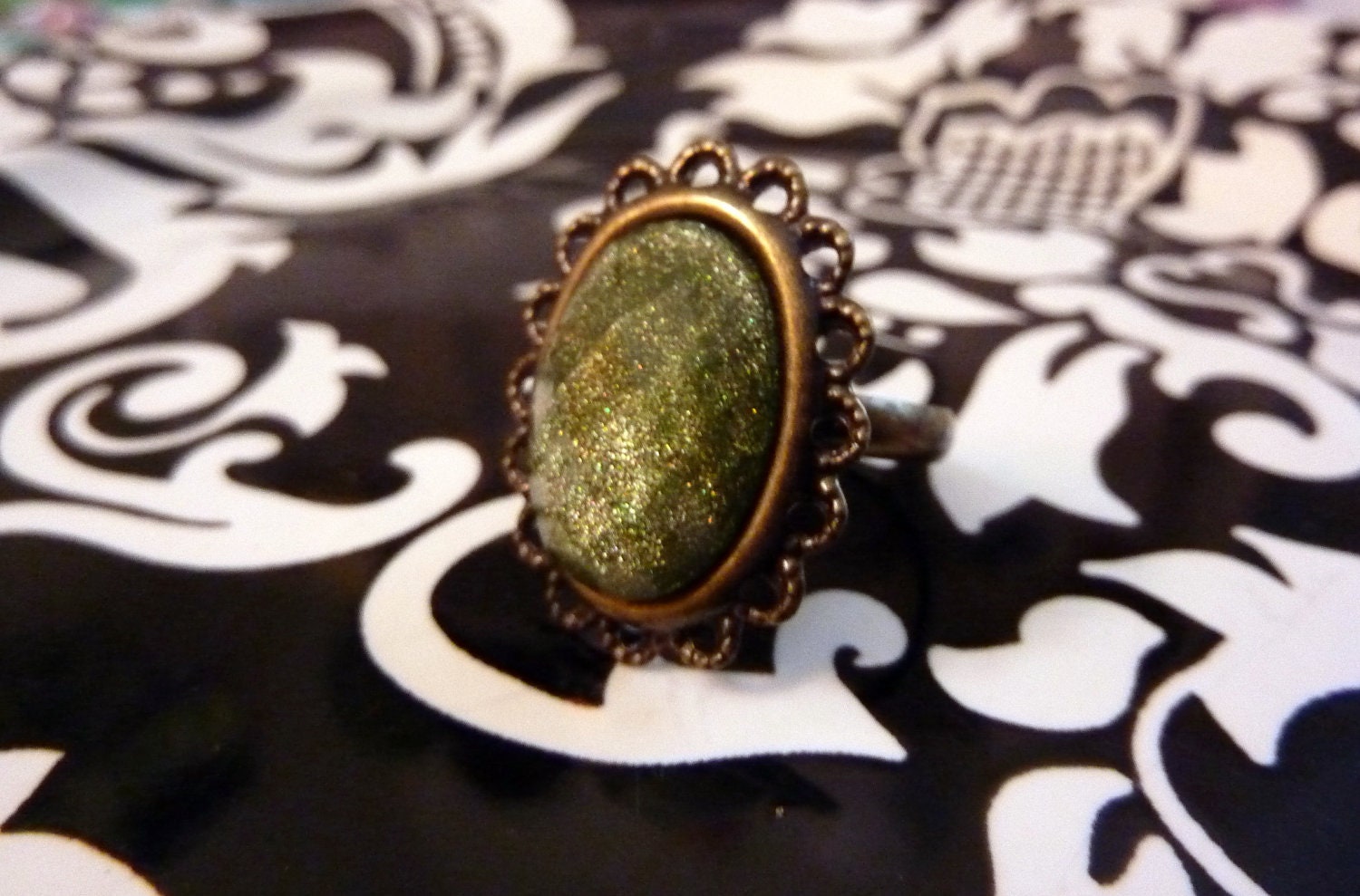 Olive Green Jewel Adjustable Ring -  Antique Bronze - by Joolienn