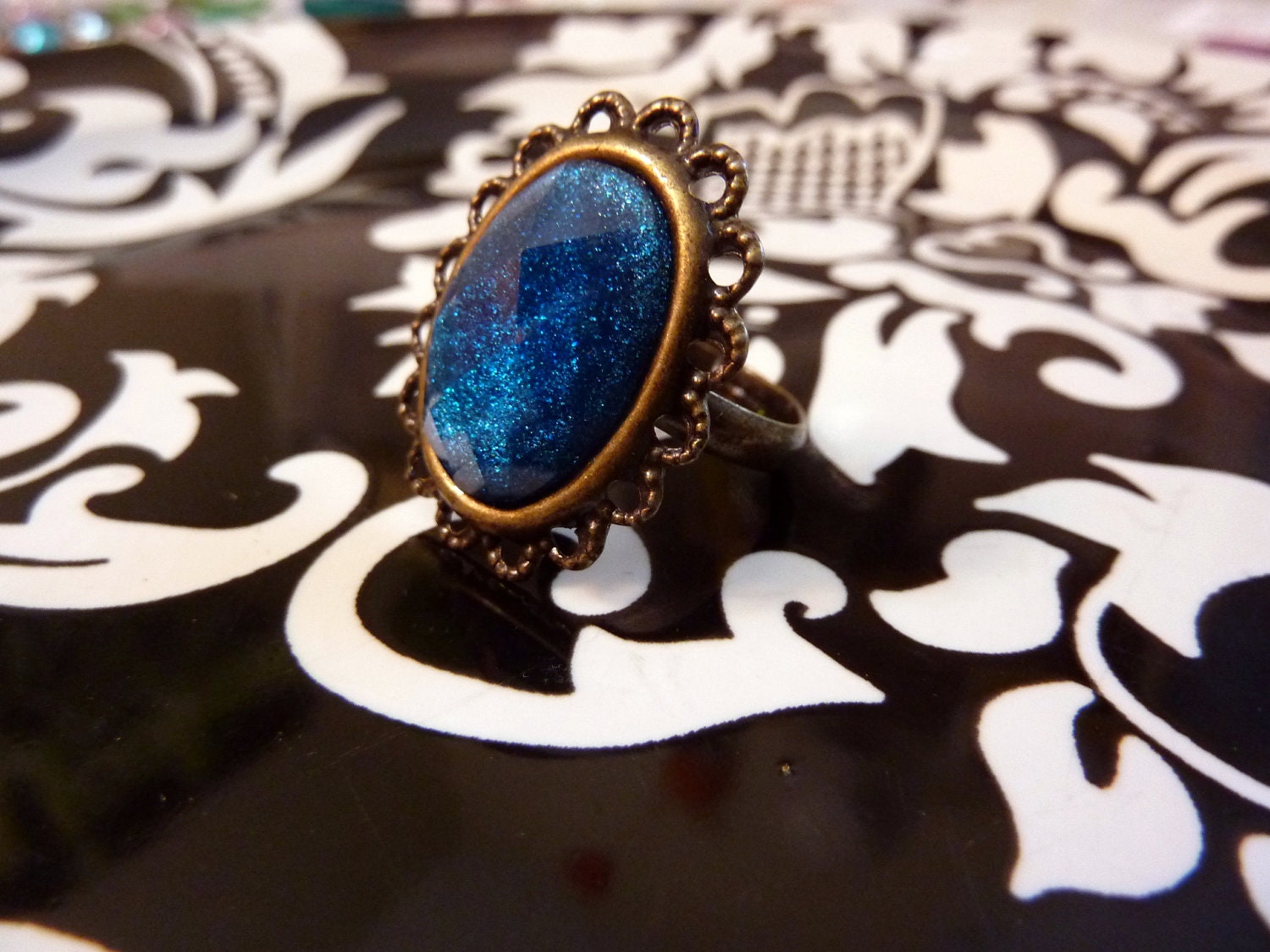 Blue Jewel Ring Royal Blue Glitter Sparkle Adjustable Antique Bronze Ring by Joolienn