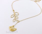 Bird Necklace, Branch Lariat, leafy, dove pendant, 14k gold filled chain, delicate everyday jewelry, birthday gift, wedding, by balance9