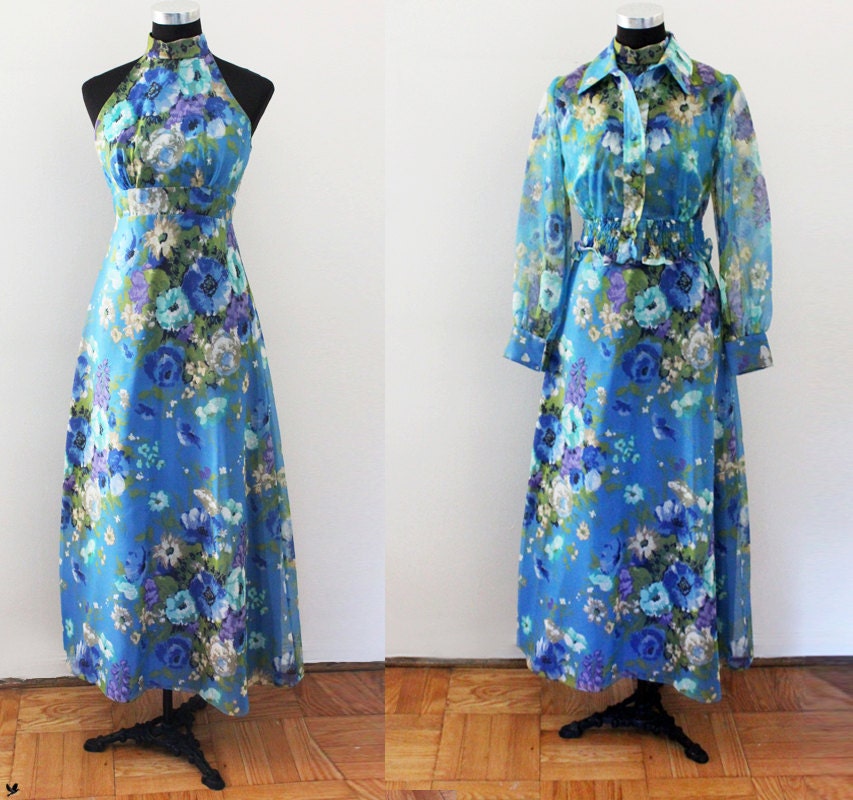 Vintage Floral Maxi Dress, 2 piece dress and jacket, SHEER balloon sleeves, Halter high neck