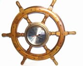 Vintage Ships Wheel Clock Wood Brass Nautical Home Decor