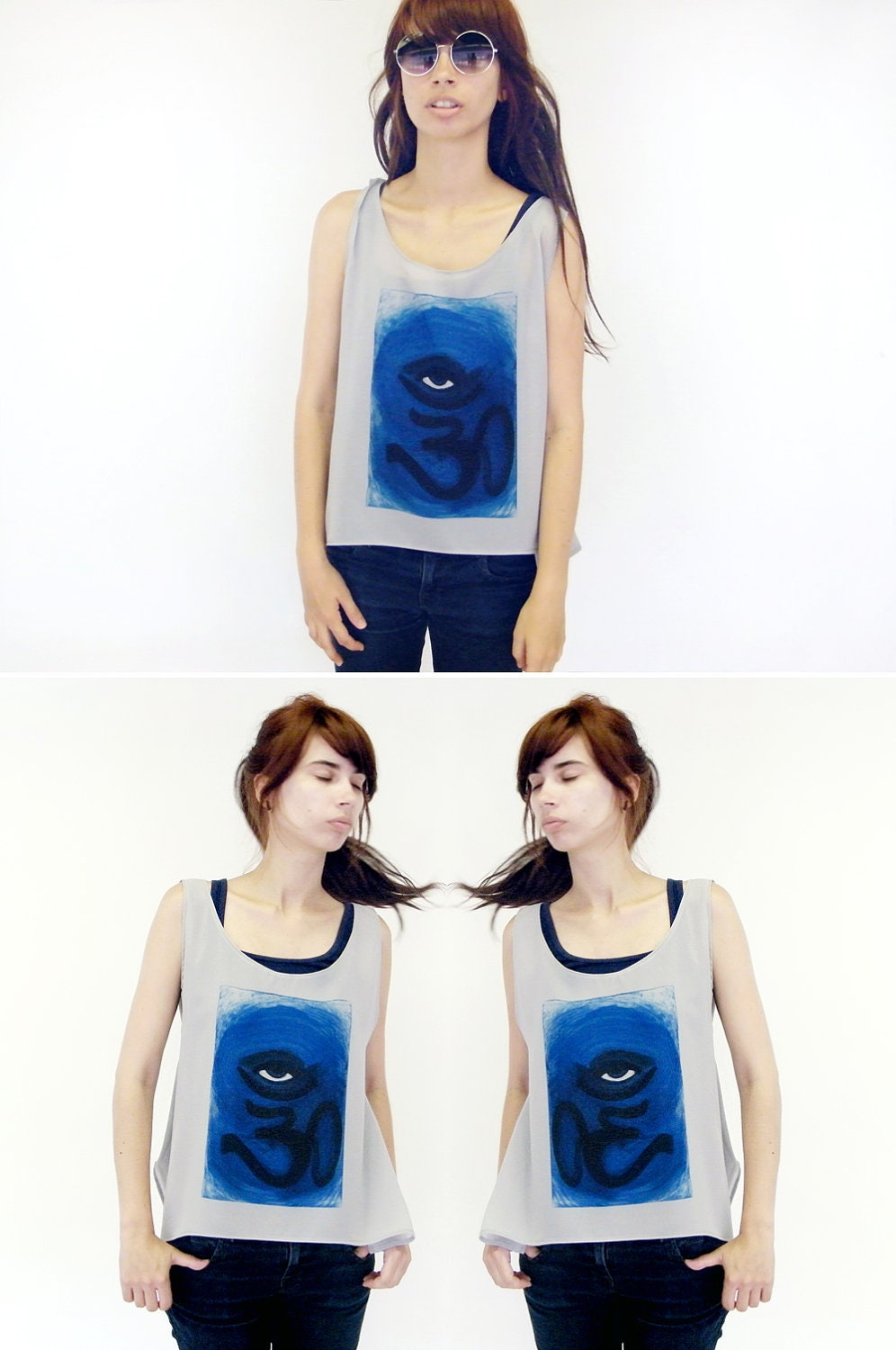 Om Print Sheer Tank Top - Eye of God Gray Chiffon Tee Shirt Surf Beach Boho Yoga Zen Print Summer Top