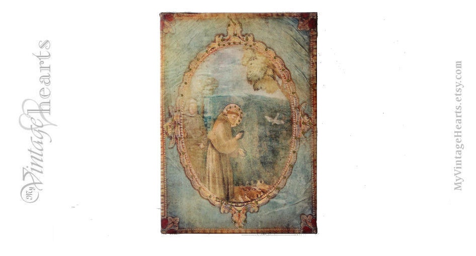 Altered Art Religious Icon Altered Canvas Saint Francis De Assisi, Preaching to the Birds, Mixed Media Collage on Canvas Board