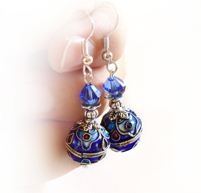 Blue earrings, dangle earrings, cloisonne and swarovski, cloisonne jewelry
