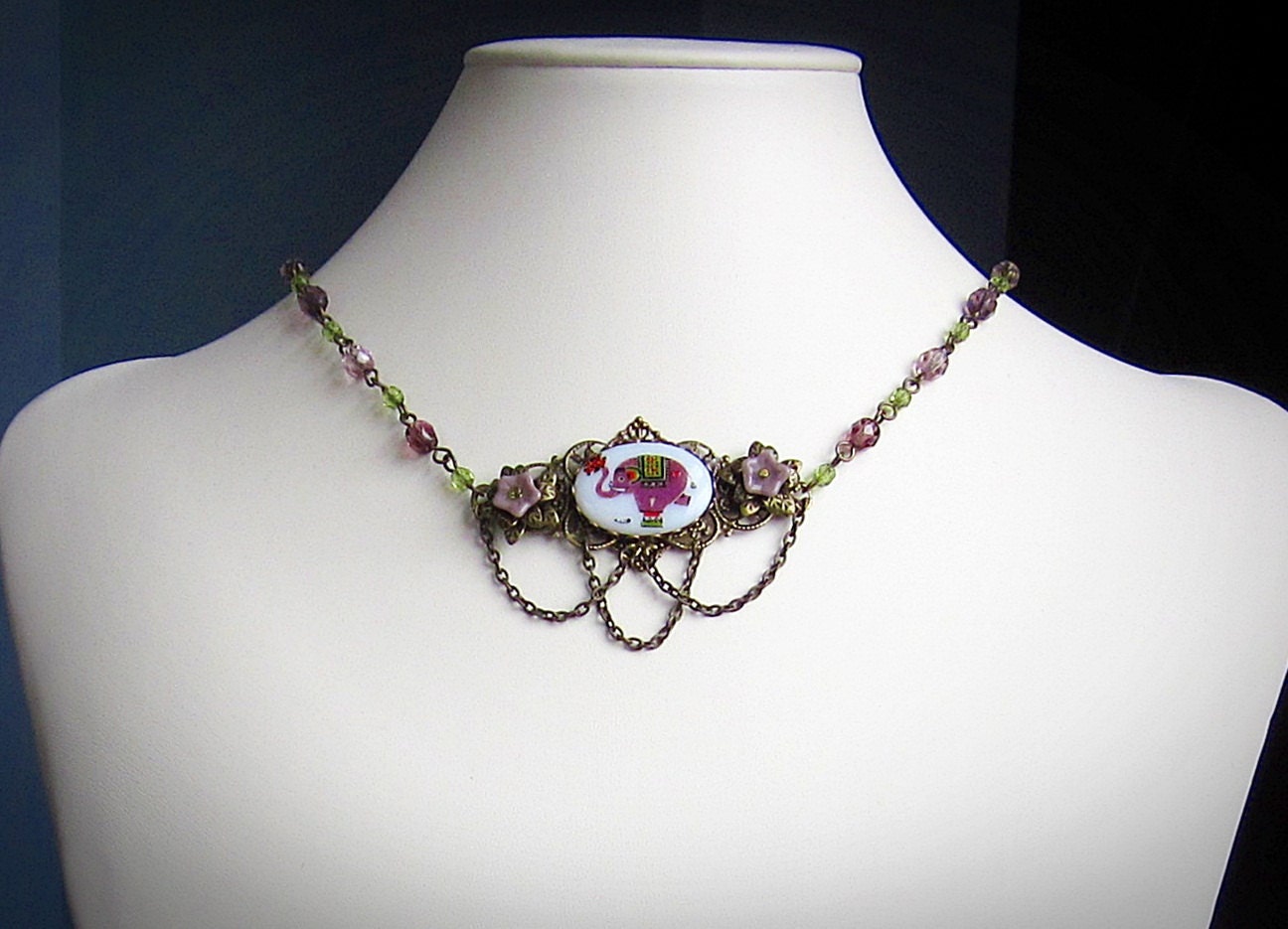 Circus Elephant Necklace, Victorian Style, Ornate, in Antiqued Brass Filigree