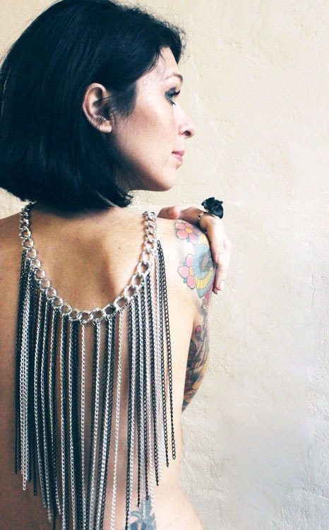 Fringe necklace.  Long necklace with chains, silver and black - by Nokike
