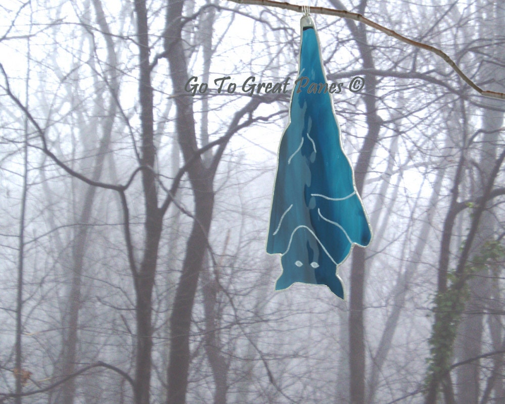Hanging Bat, Stained Glass Suncatcher, Blue haunted house decoration for Halloween Decor or you year round haunt, handmade