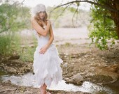 Handemade Tea Length Wedding Gown Handkerchief Tiered  Lace and Satin Strapless Bridal Dress