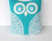 decorative owl pillow, teal, turquoise blue white lace, blue and white nursery decor, graduation gift under 35, READY TO SHIP