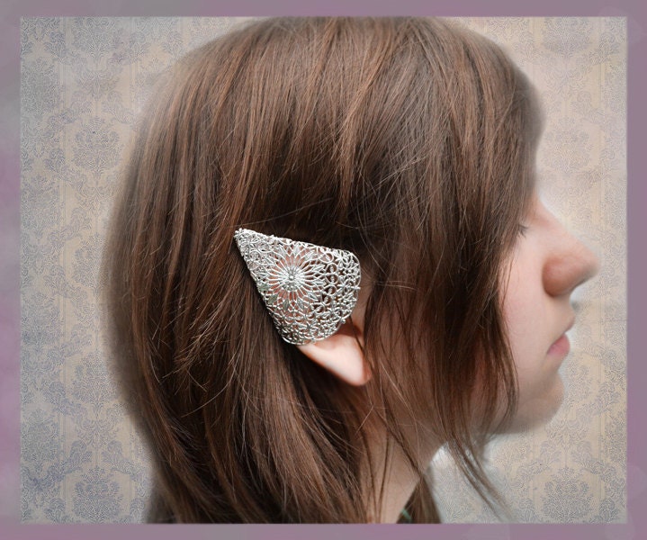 Silver Elf Ear Cuffs Ornate Filigree Elven Ear Tip Covers Two piece set Non  pierced No pierce