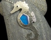 Genuine Turquoise Sea Glass Sterling Silver Bezel Set Seahorse Pendant