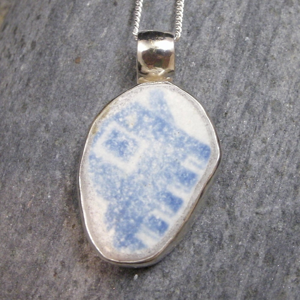 Genuine Beachcombed Blue Geometric Pottery Shard Pendant Bezel Set in Sterling Silver