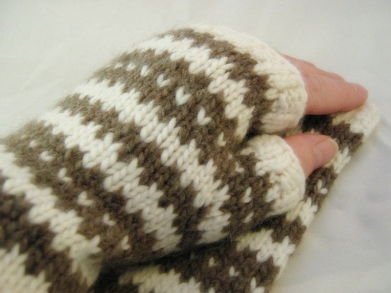 Knit Wool Fingerless Mittens in Brown and White