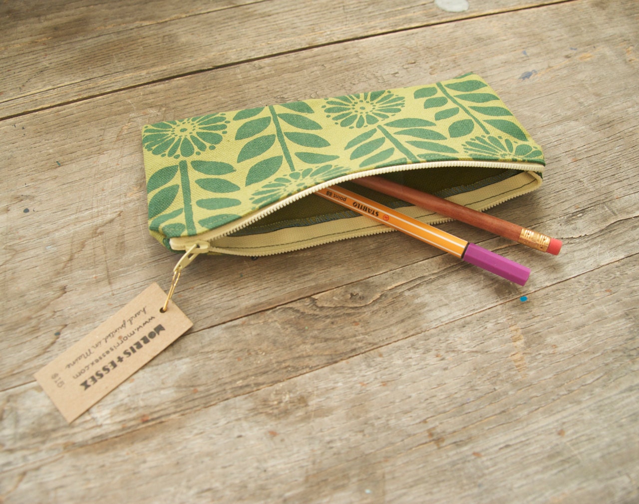 canvas zipper pouch, green hand-printed flower chain pattern