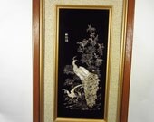 Vintage Asian Mother of Pearl or Shell Peacock Picture - Retro White Oriental Bird