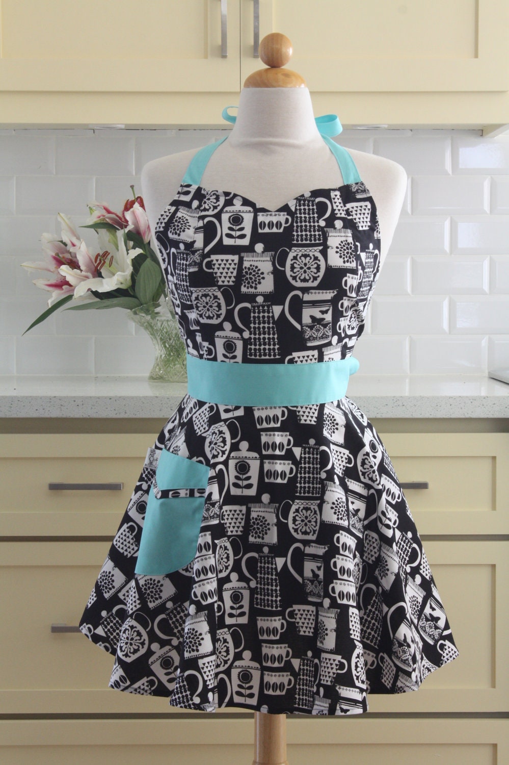 Retro Sweetheart Apron Teapots and Teacups Black White and Aqua BELLA