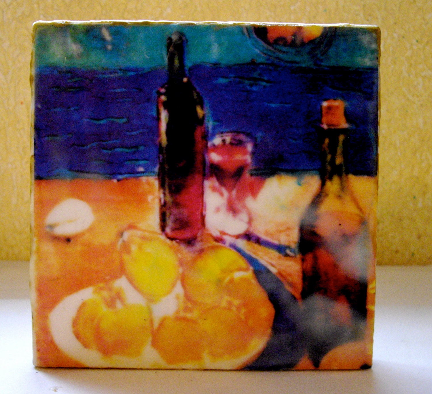 Wine Food Sea Encaustic Painting- Picnic by the Sea-Small beeswax Art, Food Art, Lemon, Wine, Kitchen Decor