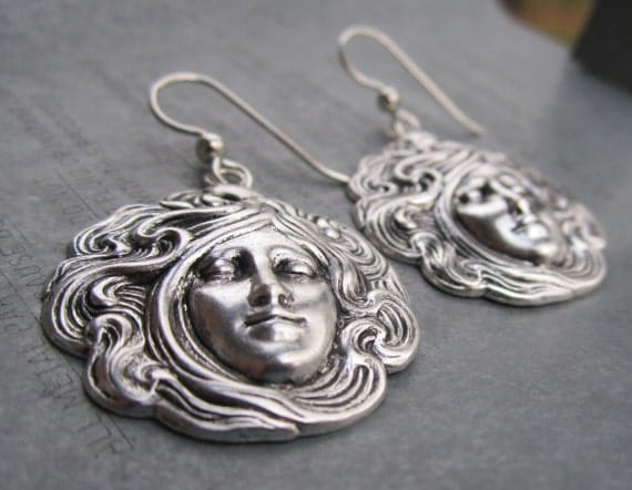 Art Deco Lady Round Stamped Earrings on Sterling Silver Ear Wires by Heidi Urbanski
