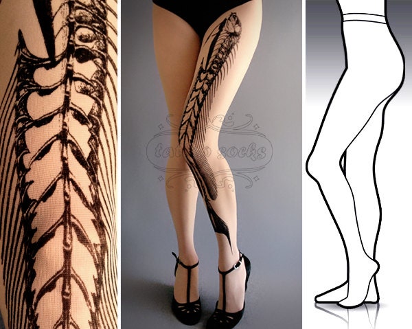 S/M Fish Bone tattoo tights / stockings / full length / pantyhose / nylons WHITE