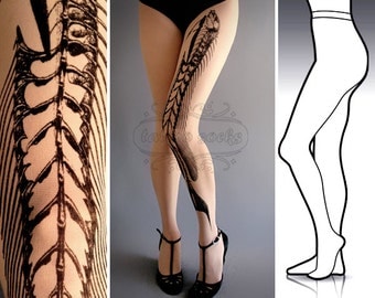 L/XL Fish Bone tattoo tights / stockings / full length / pantyhose / nylons White