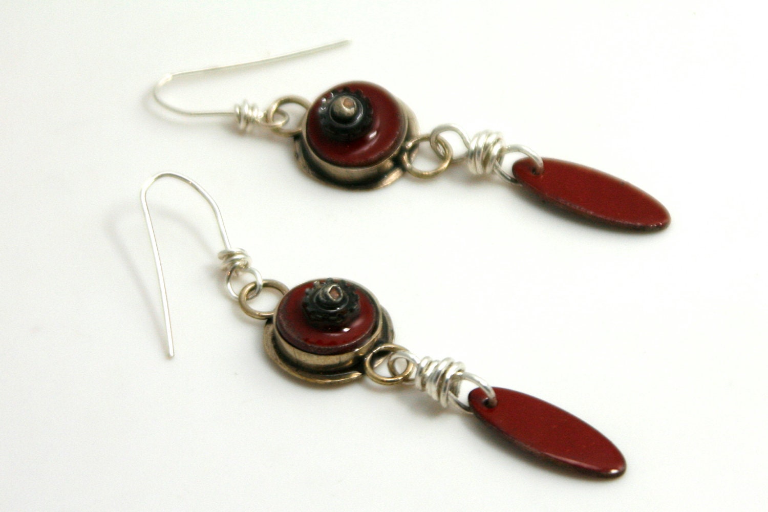 Fire Engine Red Enamel Earrings in Silver Bezel