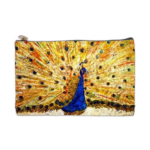 Peacock Cosmetic Bag Zipper Pouch purse organizer Gift for her  ART bag yellow blue music
