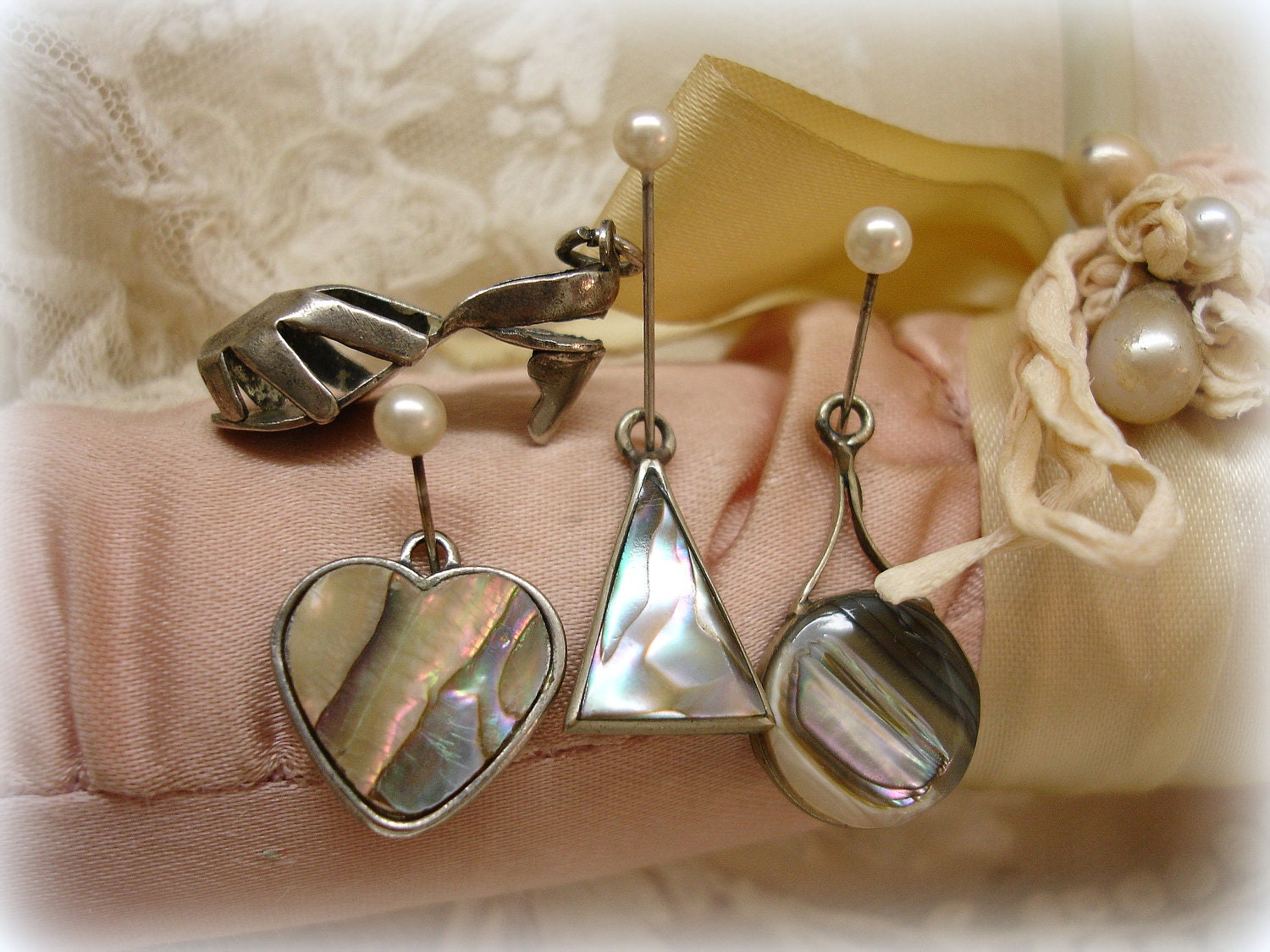 vintage abalone and silver charms . high heel . heart . triangle . round drops marked alpaca mexico