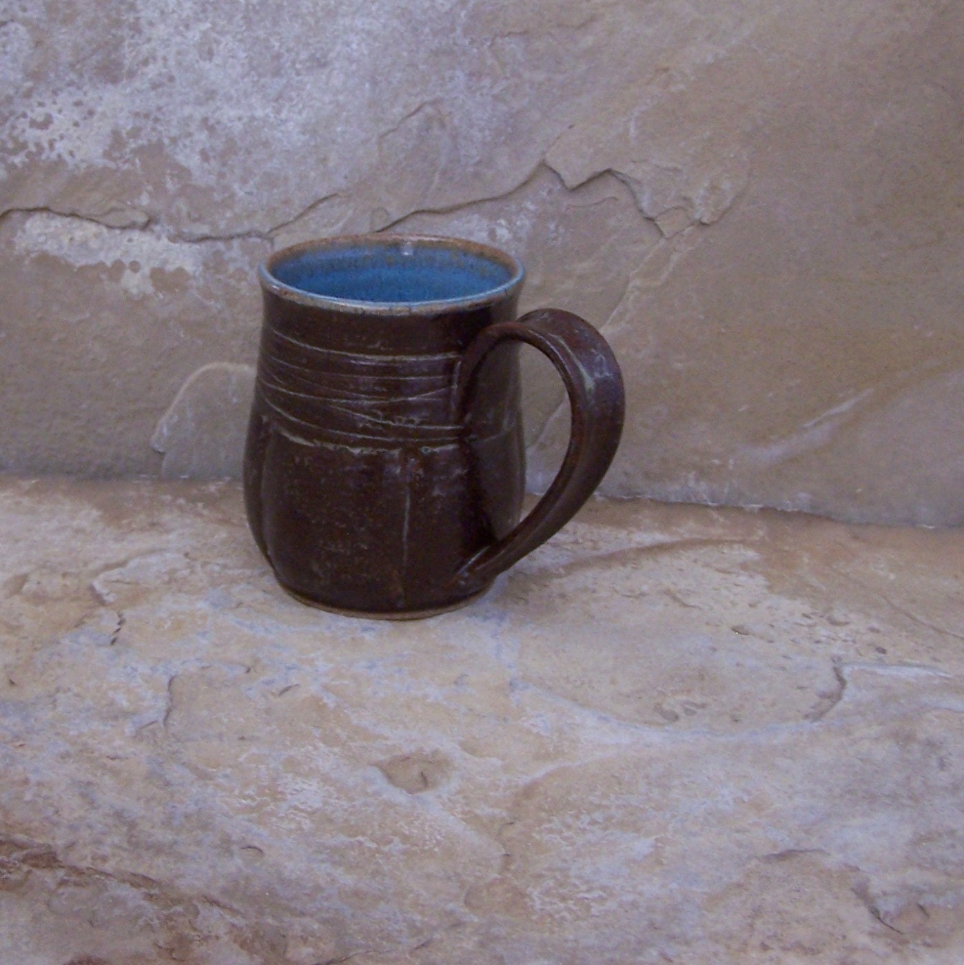Burnt Iron Brown and Icy Blue Handmade Stoneware Ceramic Pottery Mug Cup