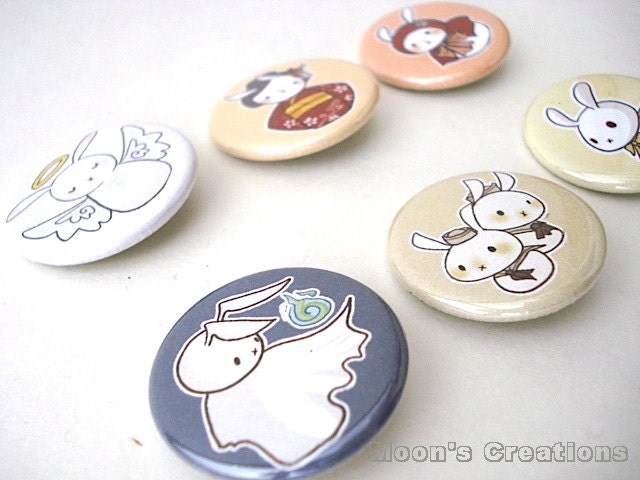 6 Moon Bun Bunny Rabbit Pinback Button Set