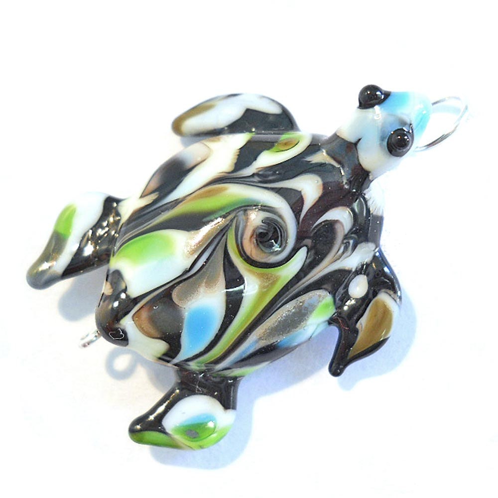 Sea turtle Lampwork Glass Beads focal pendant, white, black and green, SRA, Isinglass Design, leteam, tt team, lamp work bead
