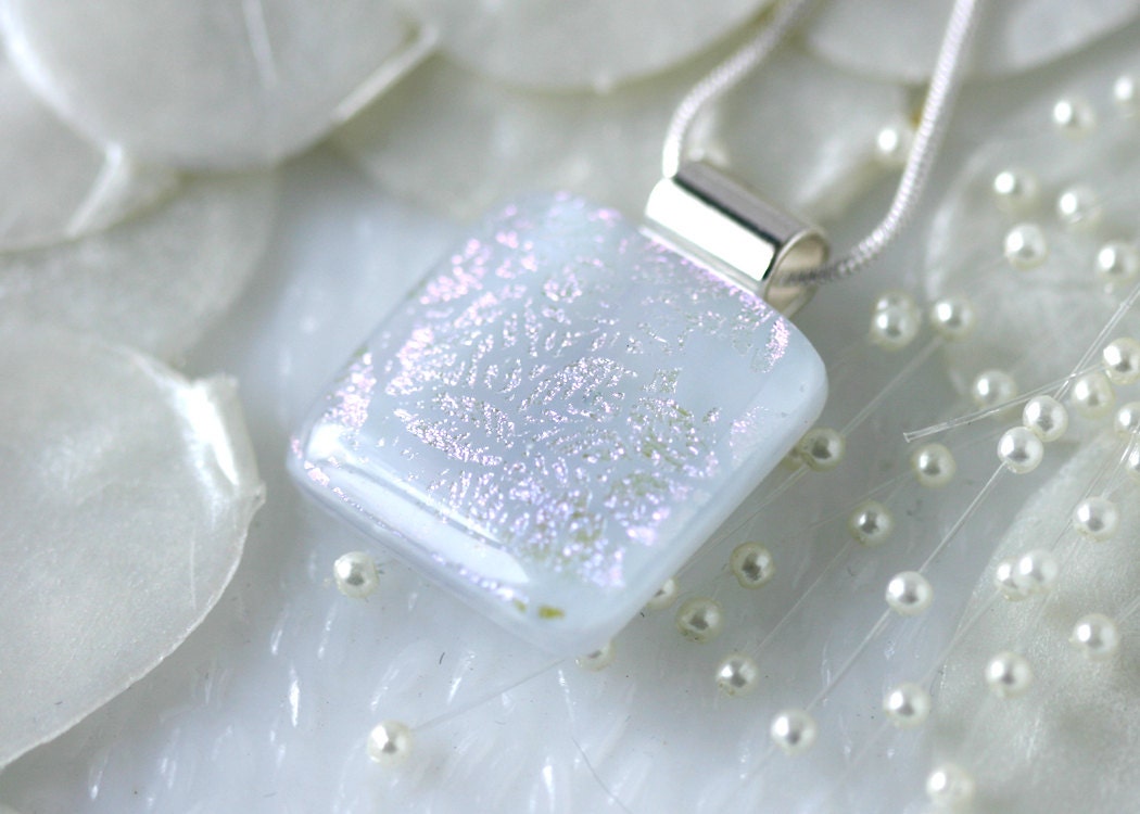 Winter White Wedding Pendant Jewelry Necklace Fused Glass 0999 - GetGlassy