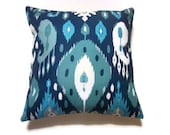 Two Turquoise Navy Blue White Teal Cotton Pillow Covers Decorative Ikat Design 16 inch pair Toss Throw Accent Covers
