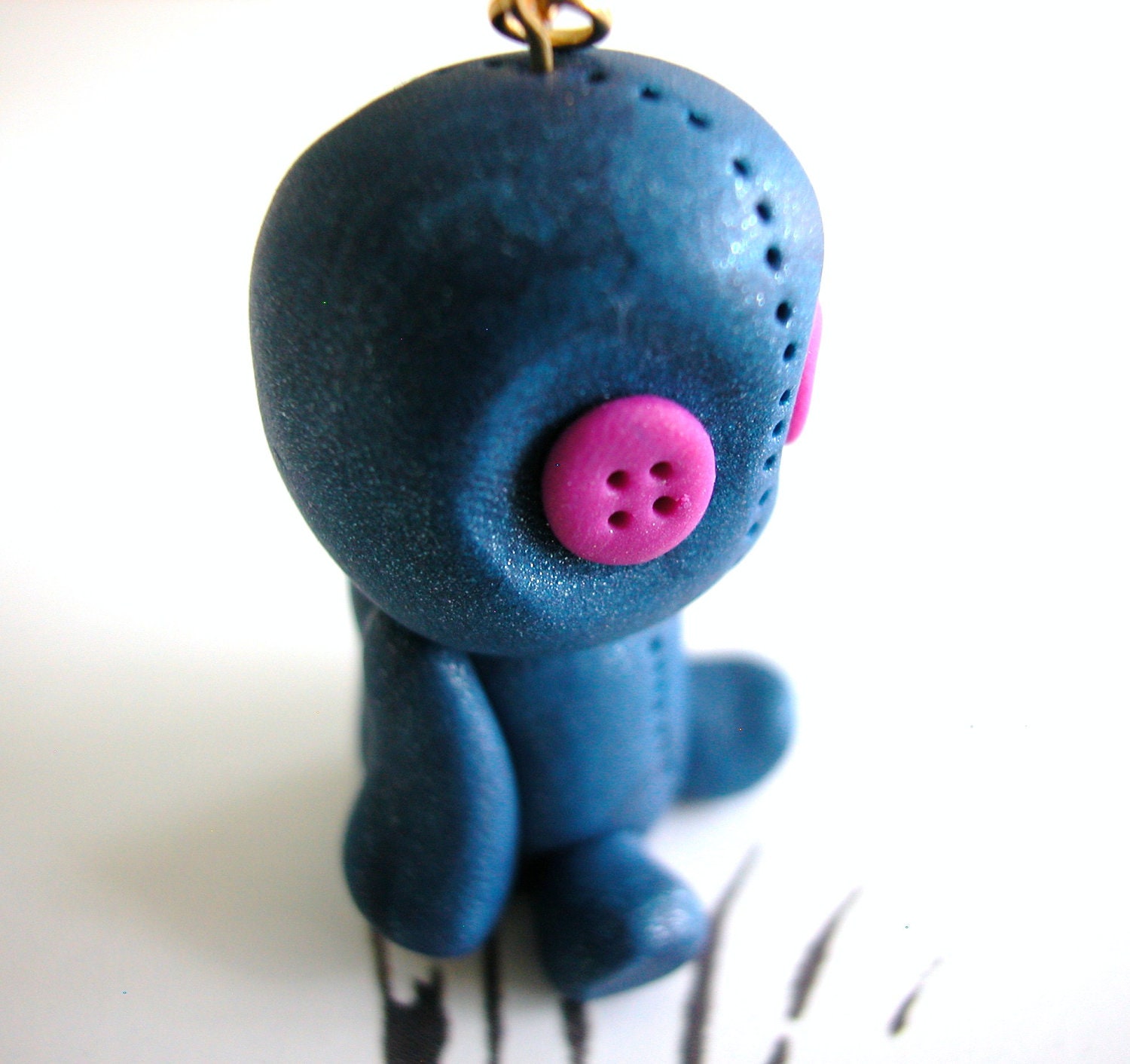 Sack Baby Ornament Denim Blue with Magenta Button Eyes