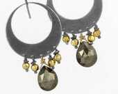 faceted pyrite drops, 18k gold, patinated silver . earrings
