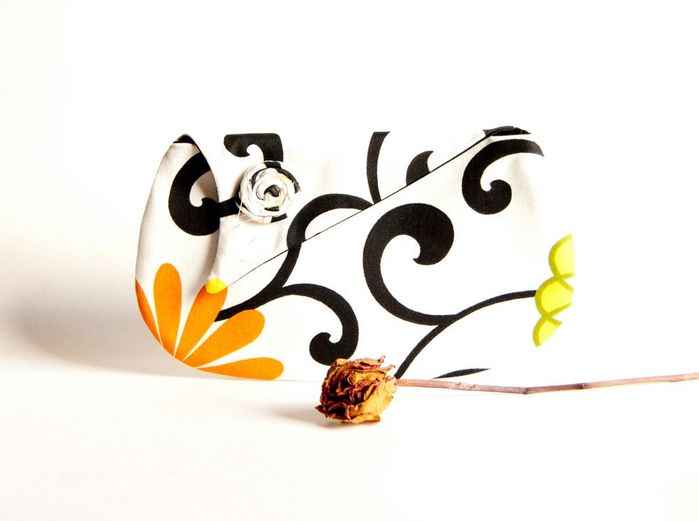 Envelope Bridesmaid Clutch, Purse, foldover clutch White Black Yellow Orange rose, Wedding bridal Clutch purse  by Lolos