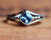Blue topaz solitaire ring - gemstone ring - recycled sterling silver - December birthstone - cushion - organic - oxidized -made to order