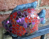 Stained glass red and black irridescent mosaic 3-D fish