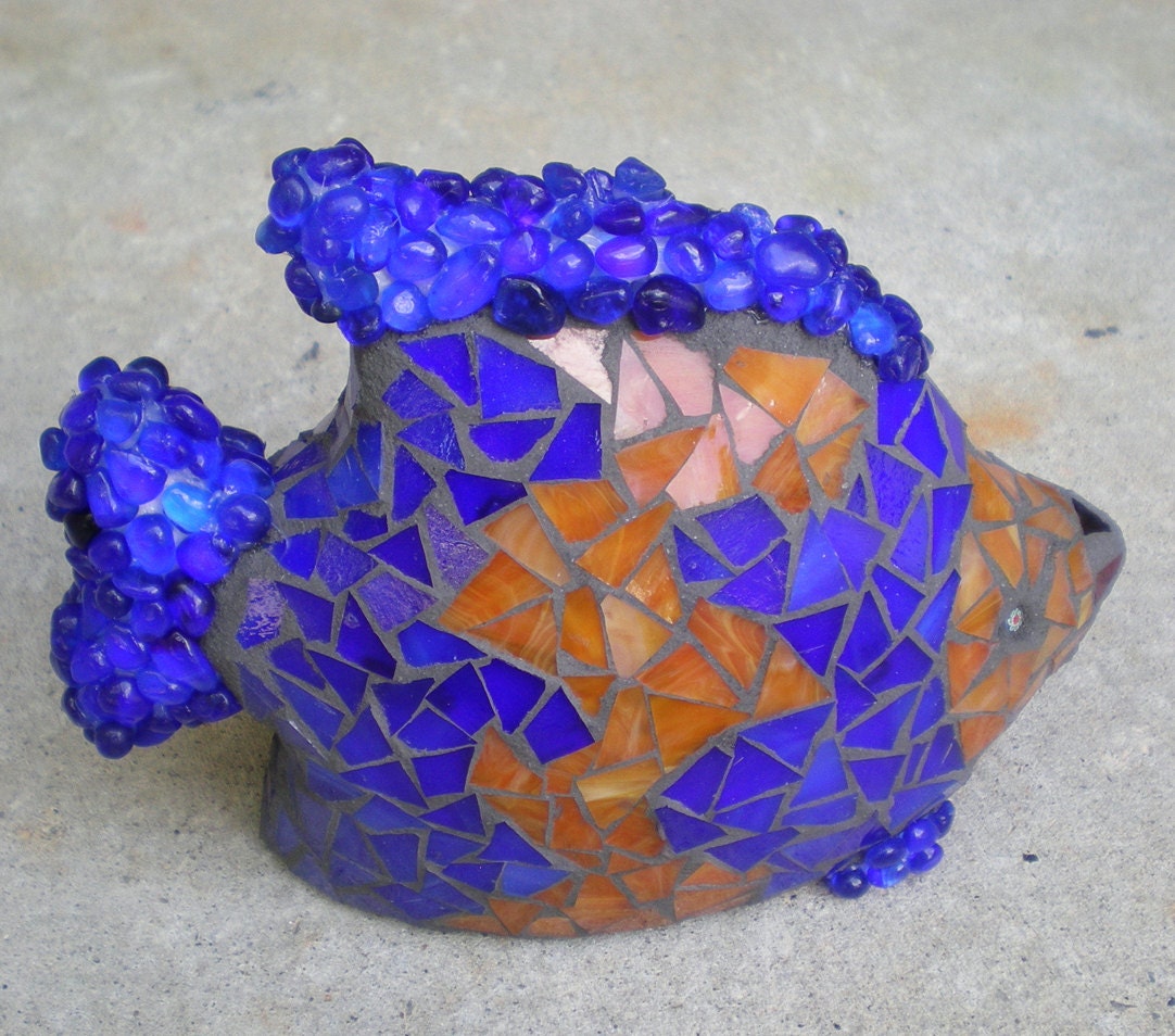 Stained glass cobalt blue and orange  irridescent mosaic 3-D fish
