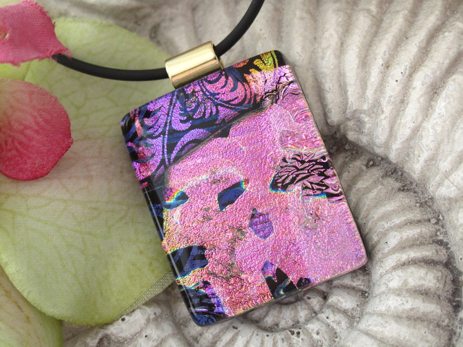 Pink Purple Necklace - Dichroic Necklace - Dichroic Fused Glass Jewelry - Purple Pink - Necklace -  Fused Glass Pendant  092912p104