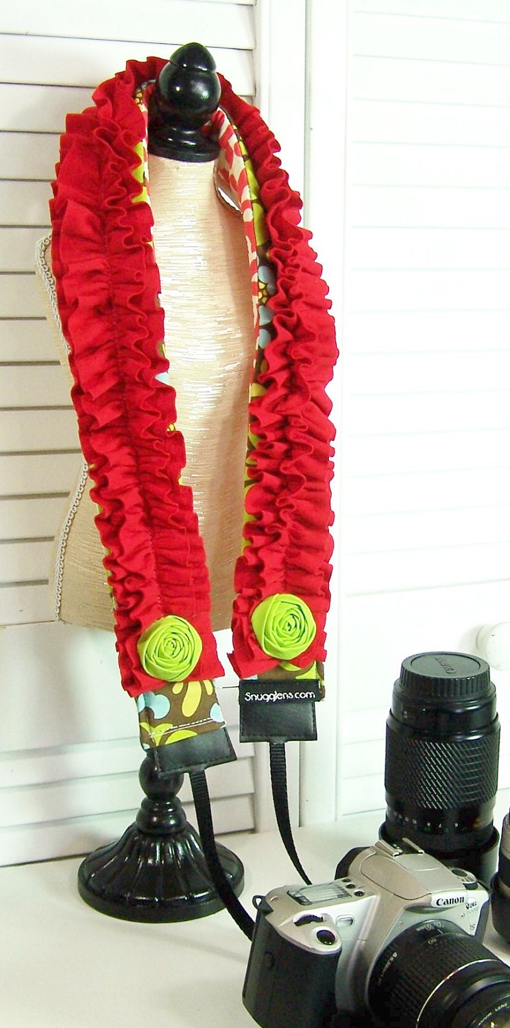 PreOrder camera strap padded -earthtone sway-cherry wallflower- WITH lens cap pocket--Ruffles rosettes-SNUGGLENS