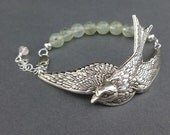 silver sparrow bracelet cuff with prehnite gemstone beads